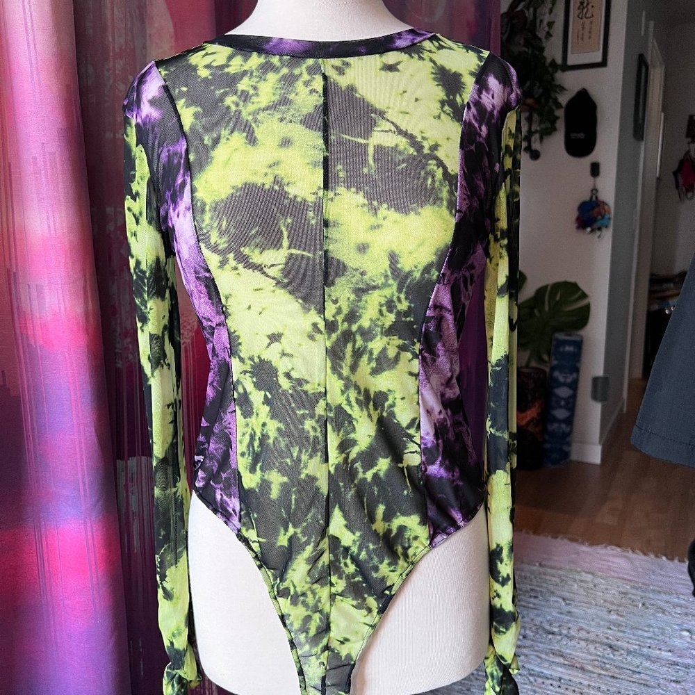 ASOS Lime and Purple Tie-dye Sheer Mesh Bodysuit - US10